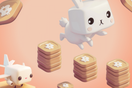 a white bunny toy jumping over a stack of gold coins