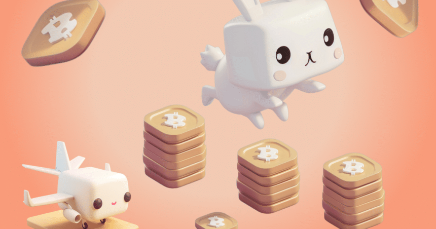 a white bunny toy jumping over a stack of gold coins