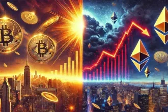 Bitcoin dispara acima de US$ 94 mil enquanto Ethereum sofre queda histórica